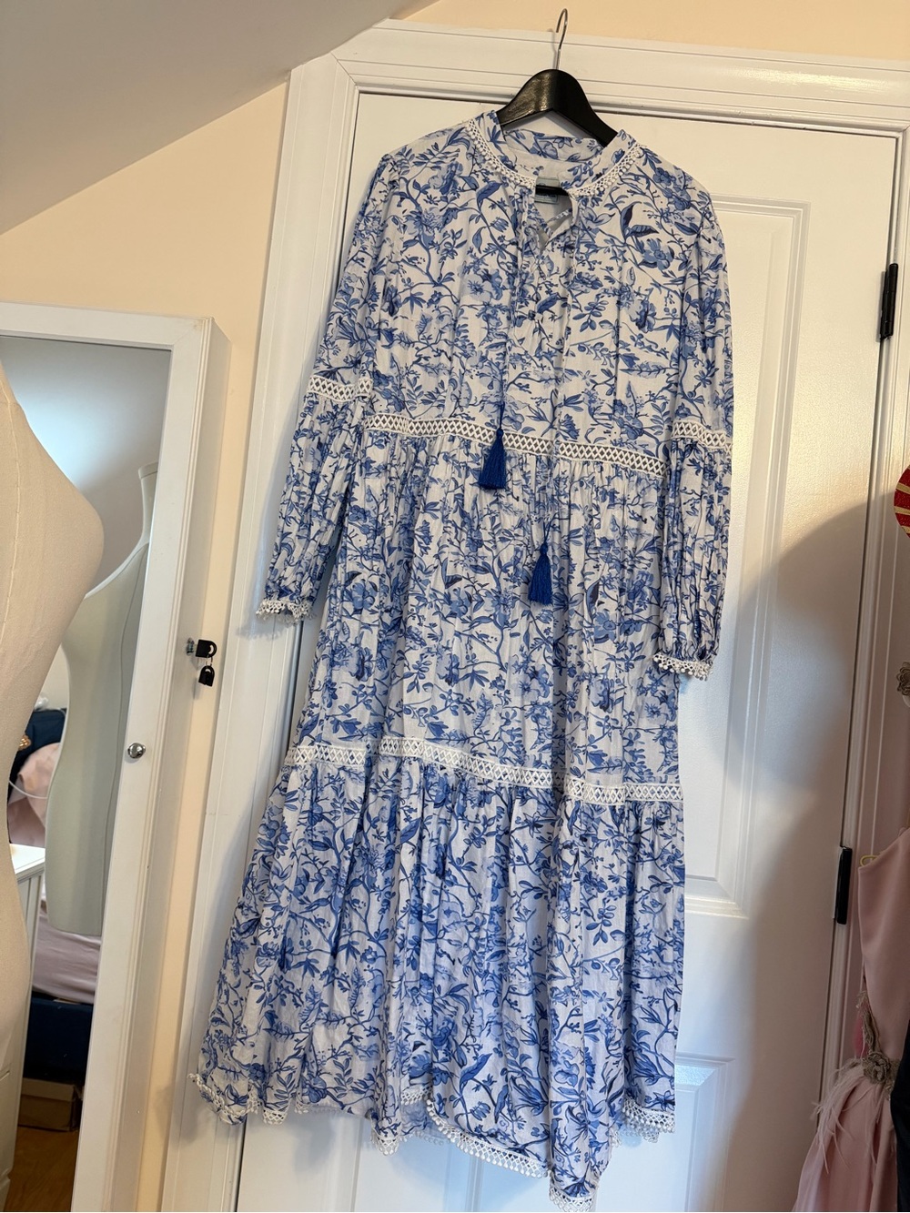 Blue and White Floral Tiered Maxi Dress with Tassel Detail